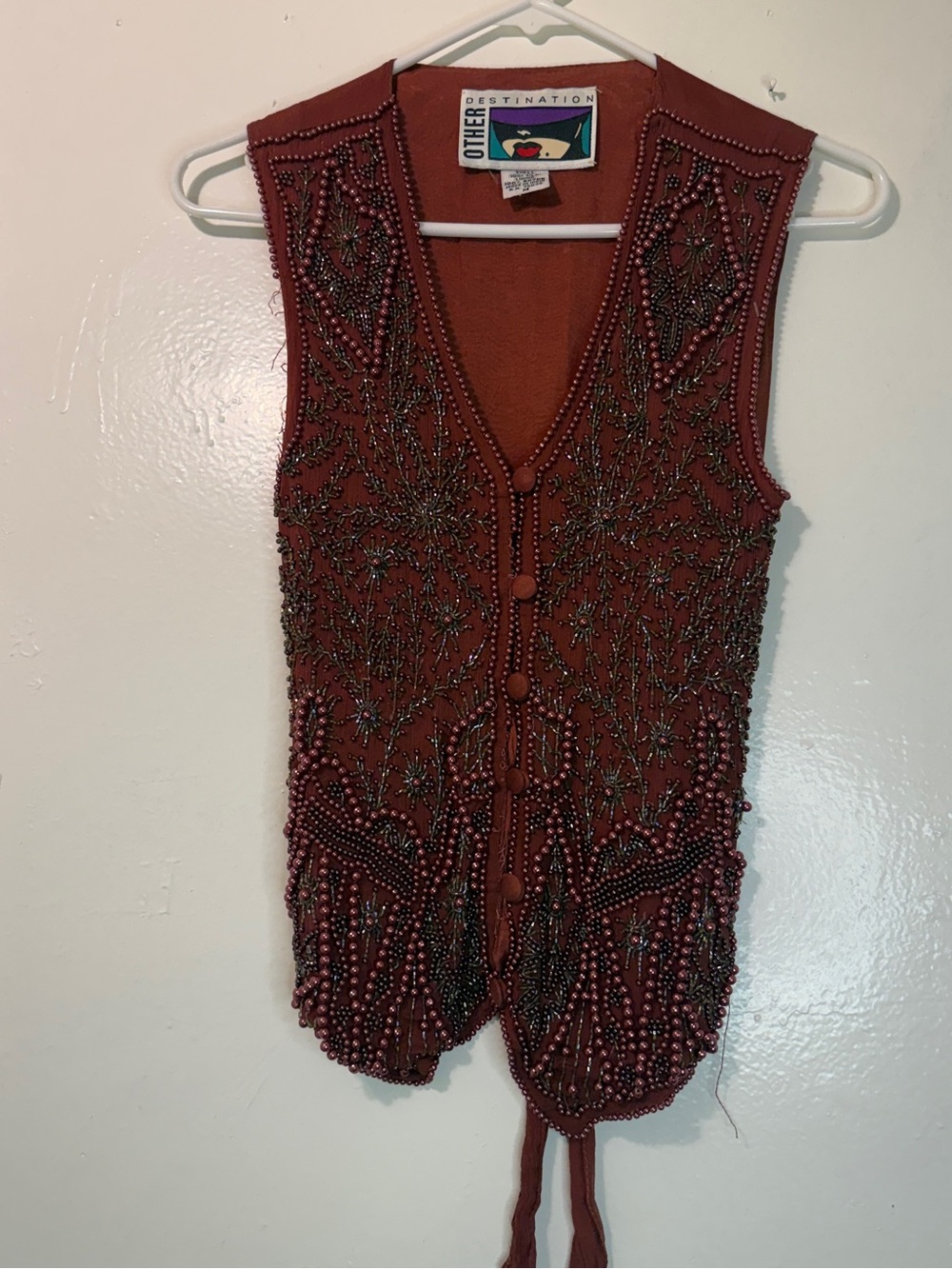 Vintage 90s Beaded Silk Earth Tone Fairycore Cropped Vest
